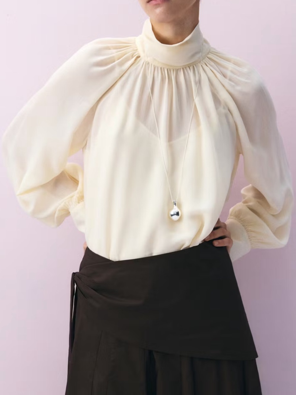Mango Cream Sheer Long-Sleeve Blouse SEMI-SHEER HIGH-NECK BLOUSE 5844